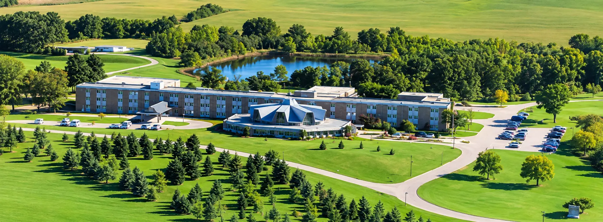 Aerial view of the Lakeview hospital campus and surrounding acreage in Waterford, Wisconsin