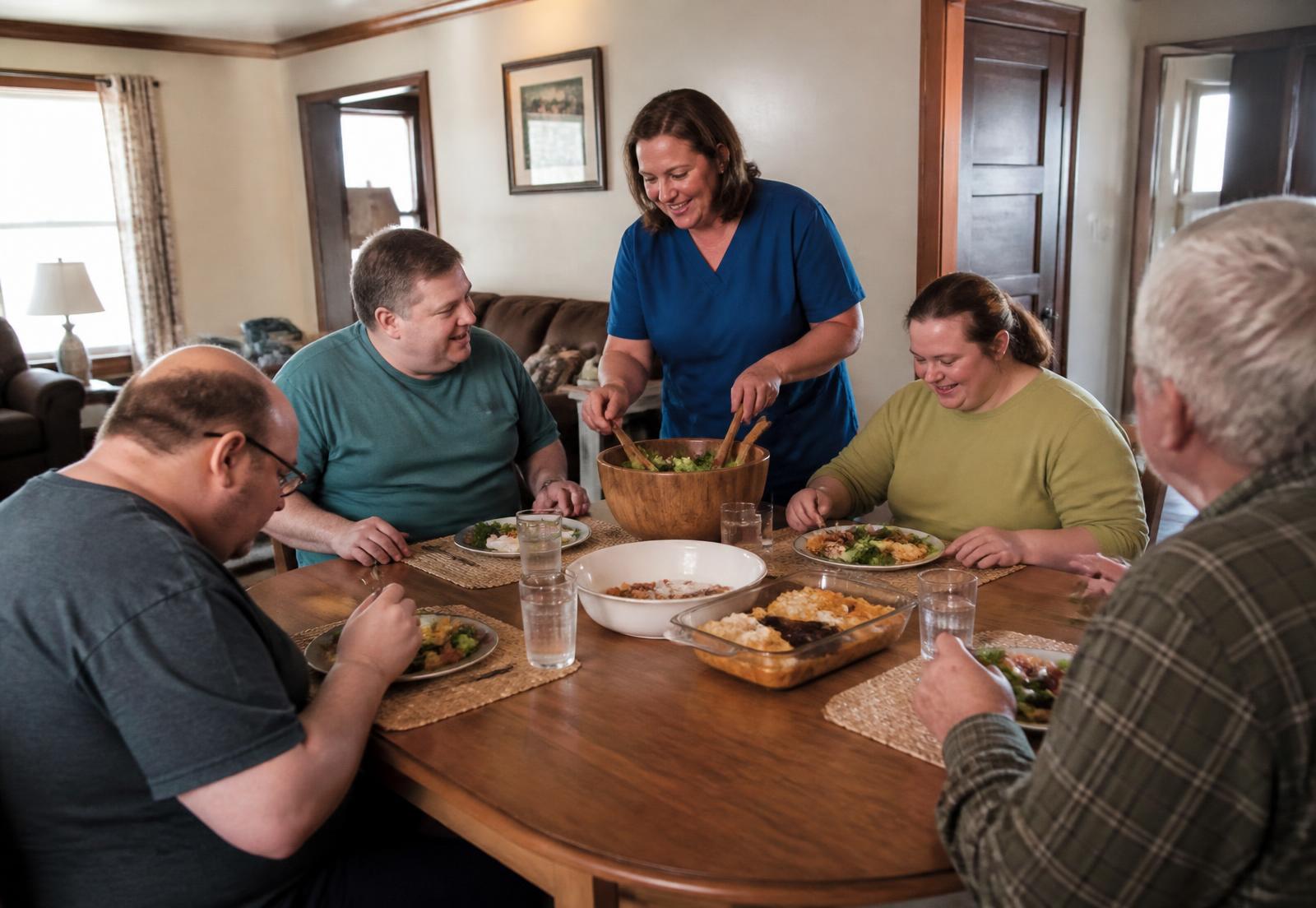 Residents and a caregiver sharing a family-style meal at a Lakeview community home