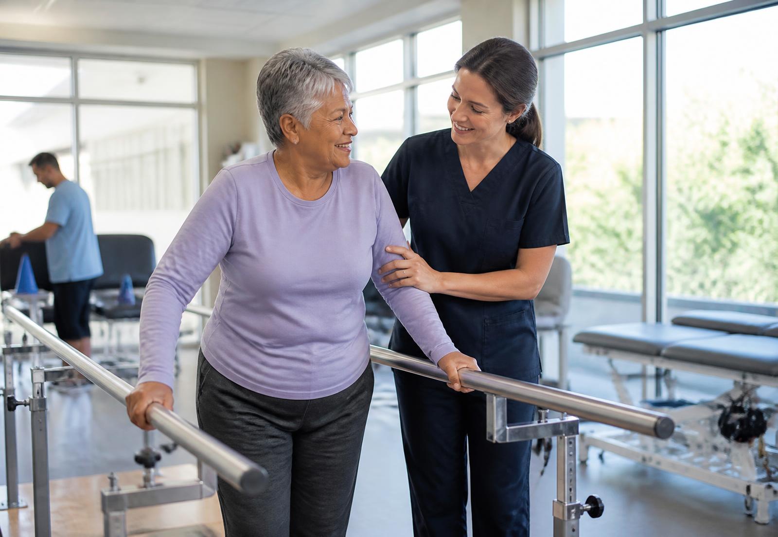 Therapist assisting a patient walking between parallel bars in the Lakeview rehabilitation gym