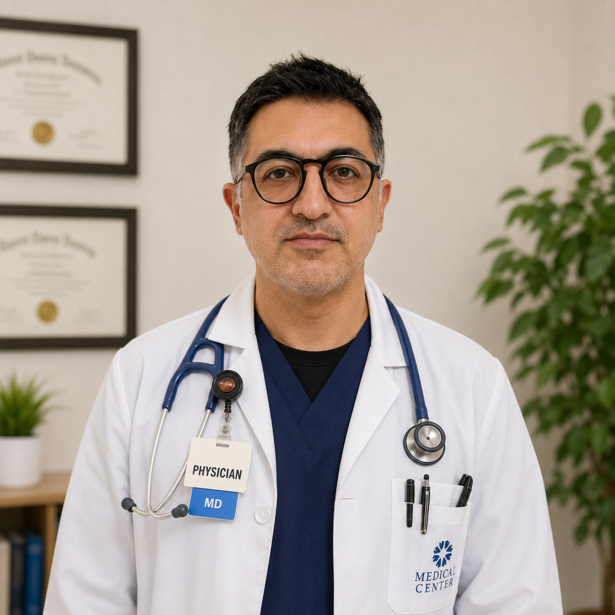 Physician wearing white coat and stethoscope