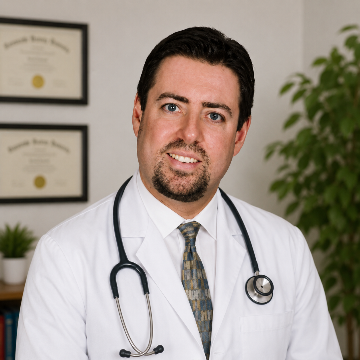 Smiling doctor with goatee and stethoscope