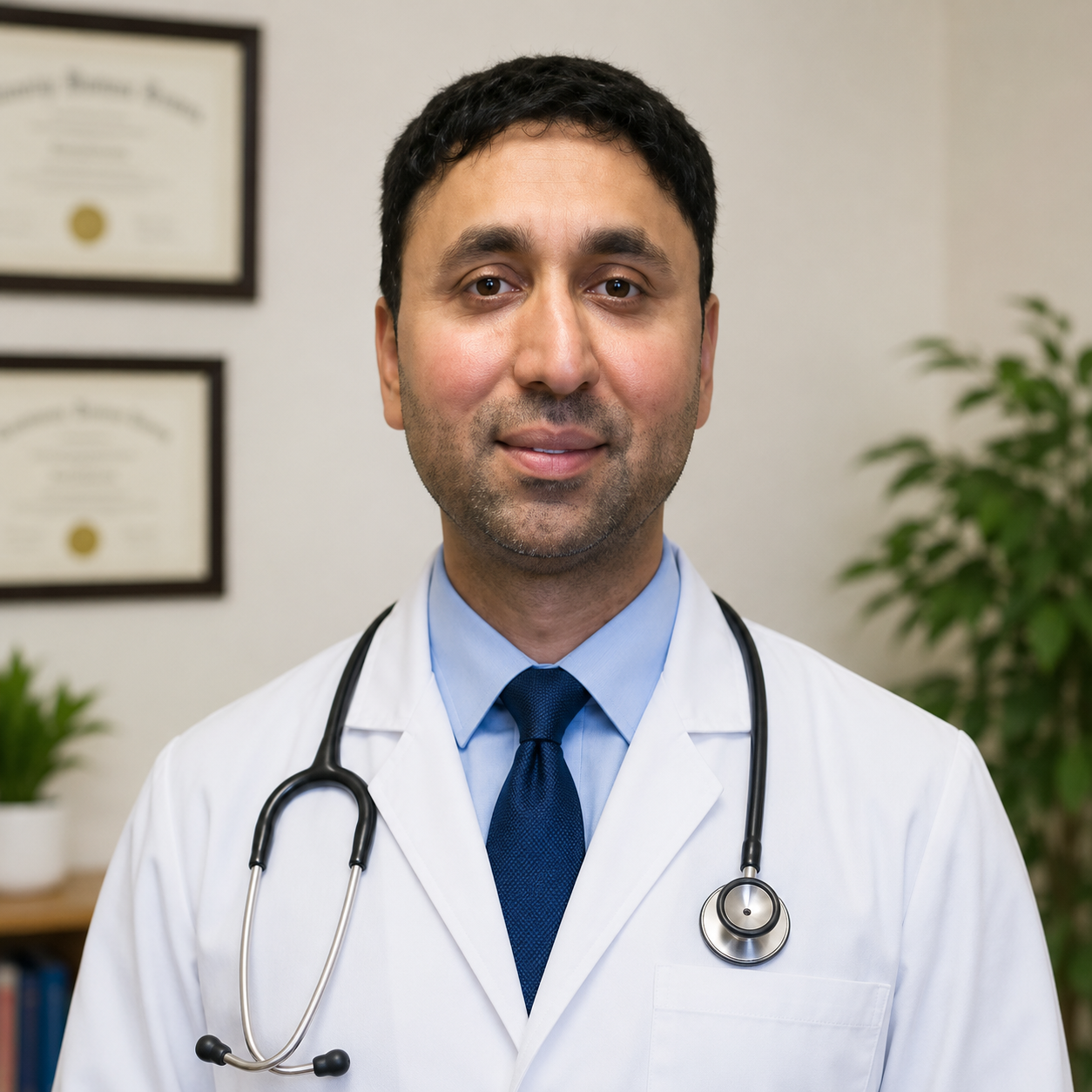 Doctor wearing white coat and stethoscope