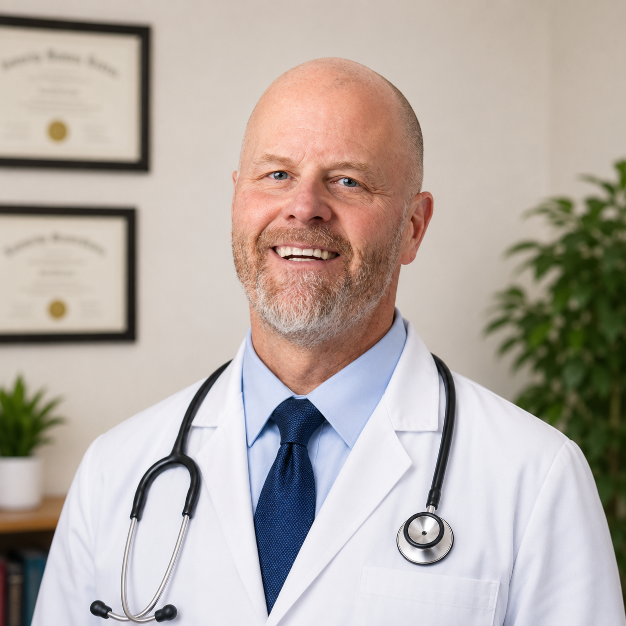 Bald physician wearing navy tie and stethoscope