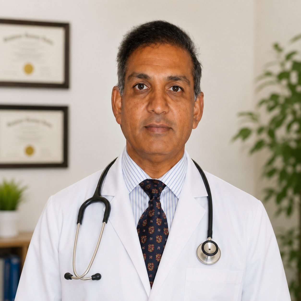 Serious physician wearing patterned tie and stethoscope