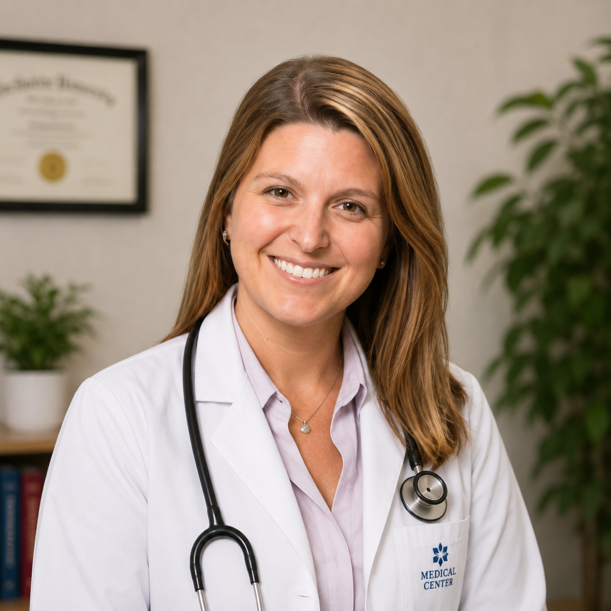 Female physician in white coat, office portrait
