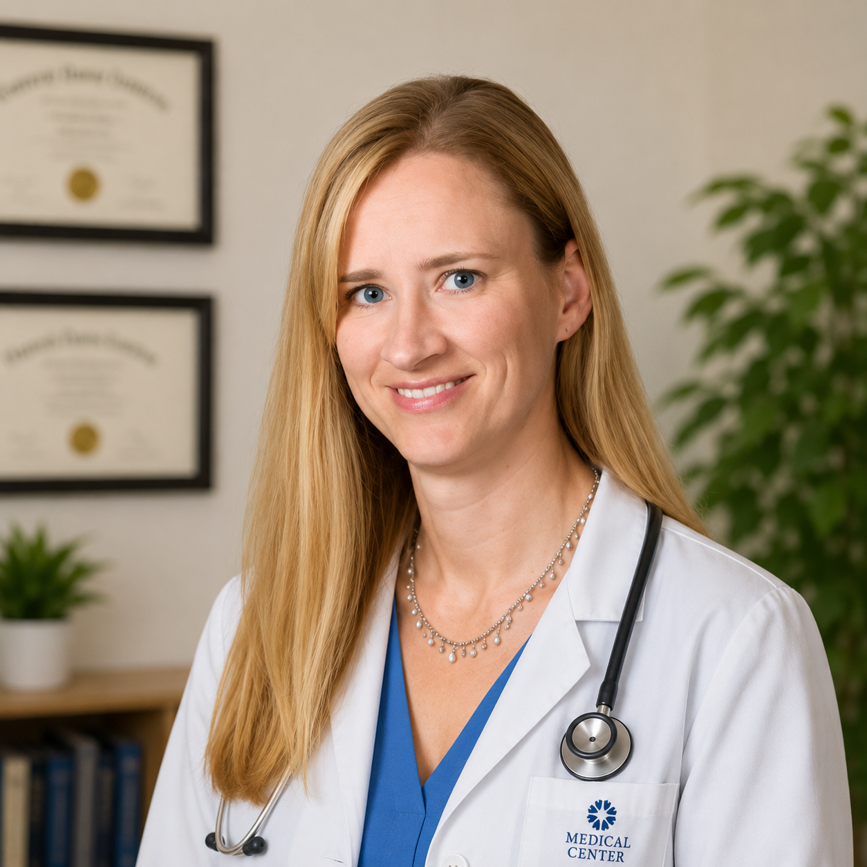 Blonde doctor wearing stethoscope, clinic headshot