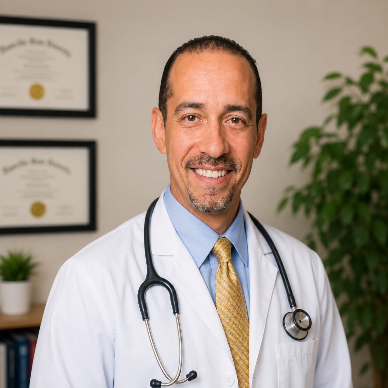 Smiling physician wearing gold tie and stethoscope