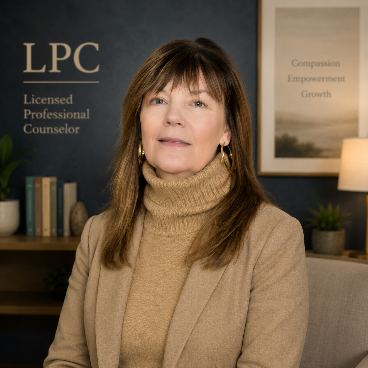 Licensed counselor portrait in warm office setting